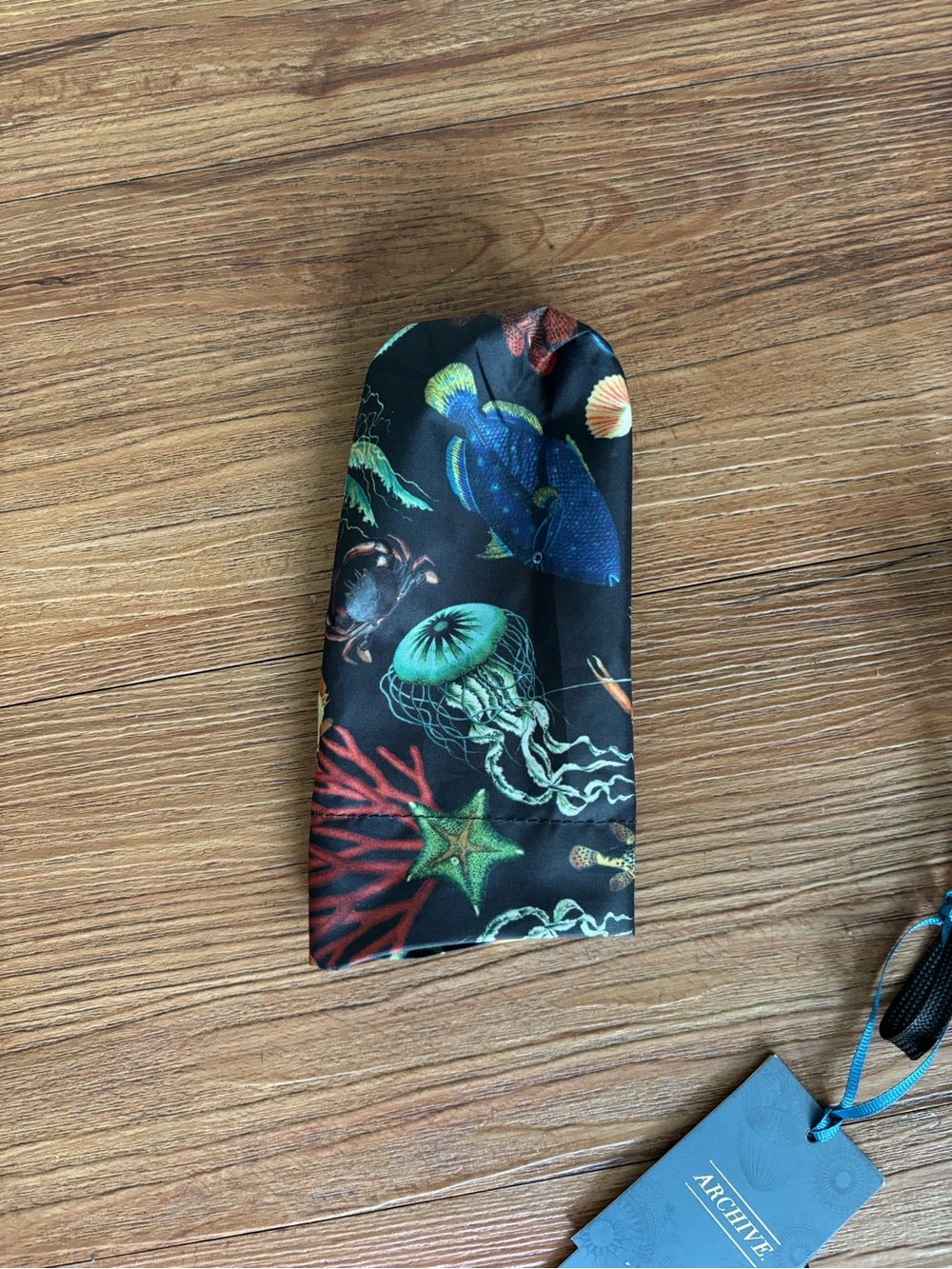 Compact Black Umbrella with Colorful Sea Creature Print. - Picture 5 of 9